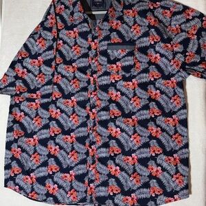 Tropical Floral Button Down Shirt - Navy and Red